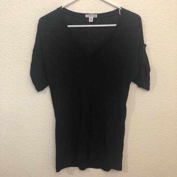 LACOSTE Womens 38 Black Short Sleeve V-Neck T-Shirt Roll Tab Viscose Linen - Picture 1 of 11